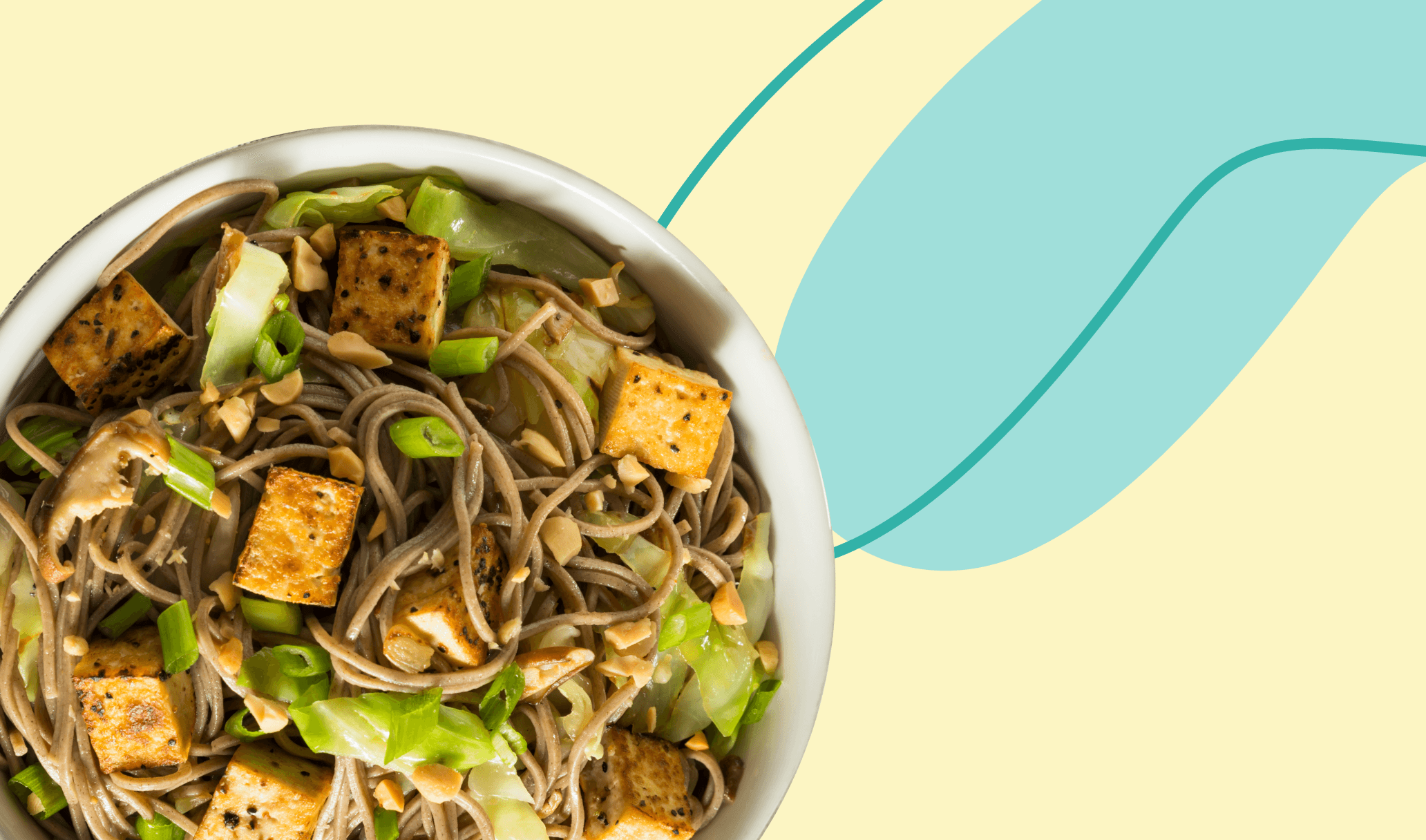 Soba with tofu, tomatoes, and basil